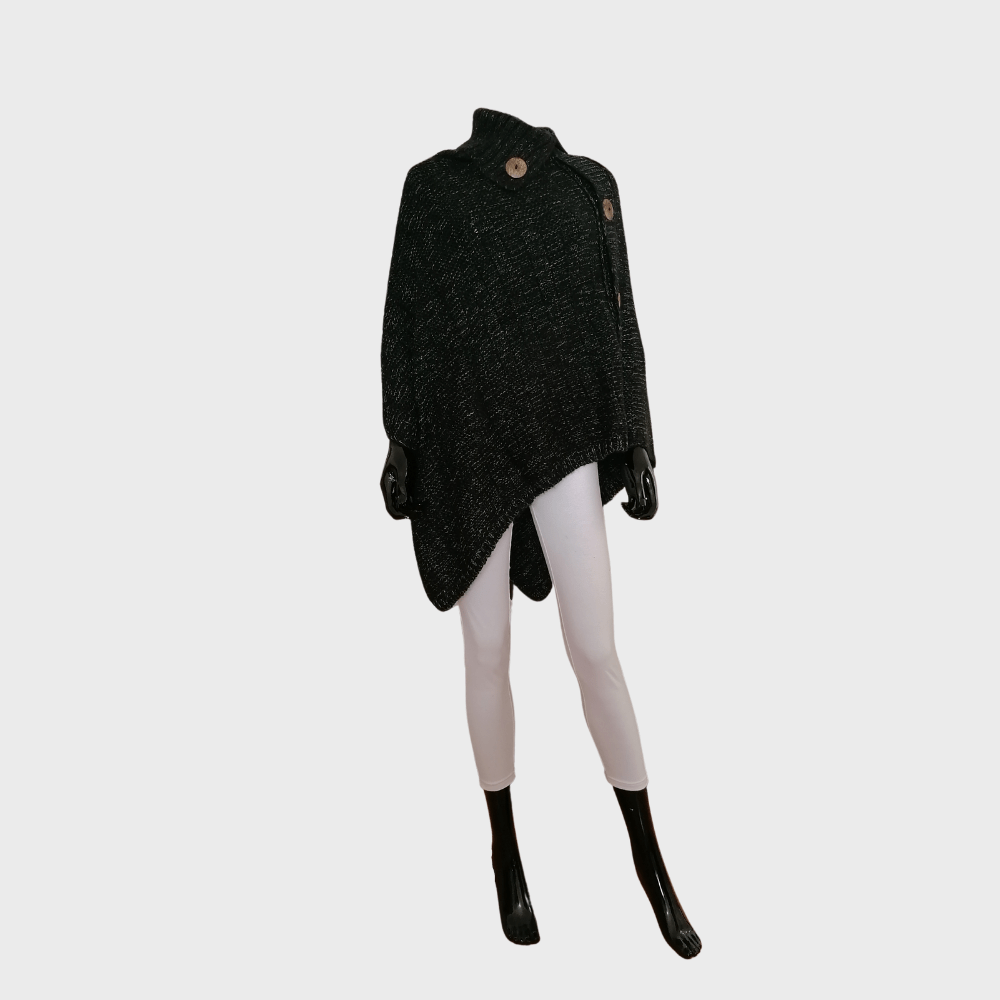 Cotton Road Poncho with button detail - Black poncho black